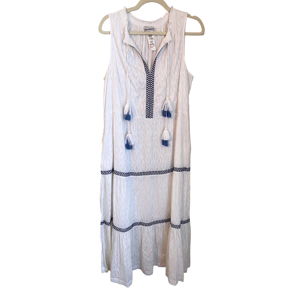 Tommy Bahama Womens White Cotton Embroidered Tiered Maxi Dress Tassels Size L